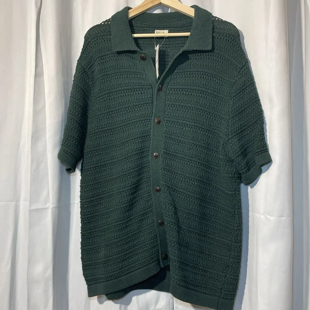 NWT J Crew Short Sleeve‎ Open-Stitch Polo Cardigan Sweater Green Mens Large